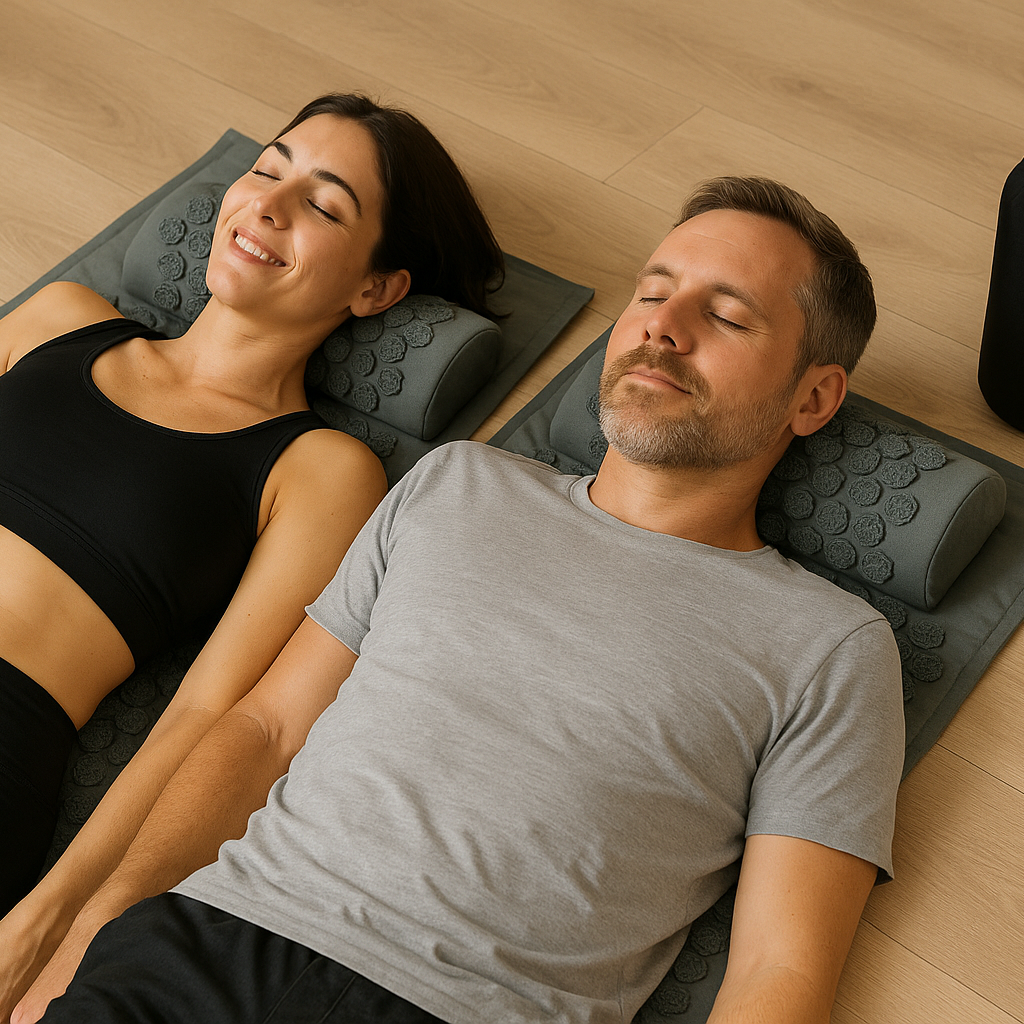 Two people lying on mats with neck pillows on a wooden floor.