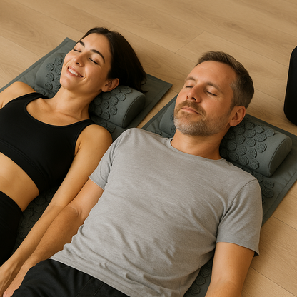 Two people lying on mats with neck pillows on a wooden floor.