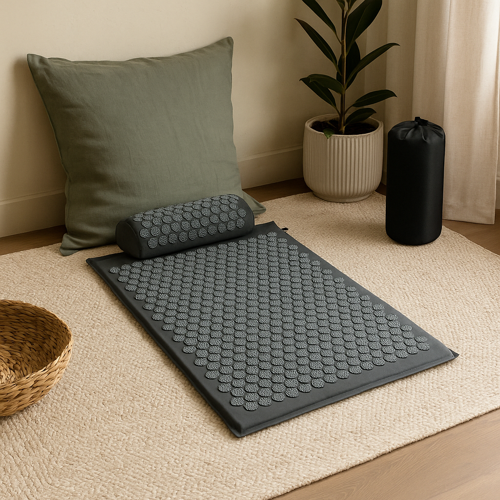 Acupressure mat with pillow on a beige rug in a room setting.