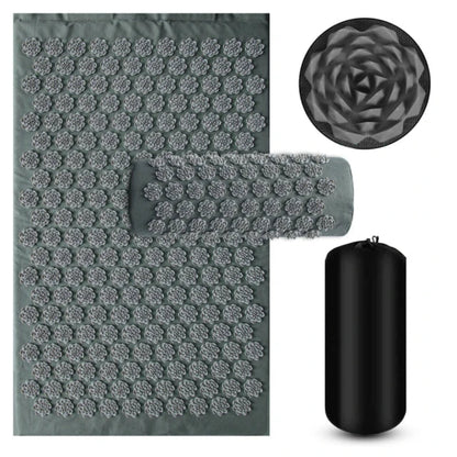 Acupressure mat with a close-up detail and a carrying bag on a white background